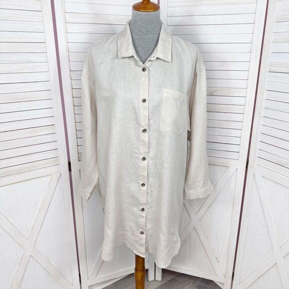 H&M Home Linen Button Up Shirt Dress Beige Tan Medium Long Sleeve Beach - Picture 1 of 12